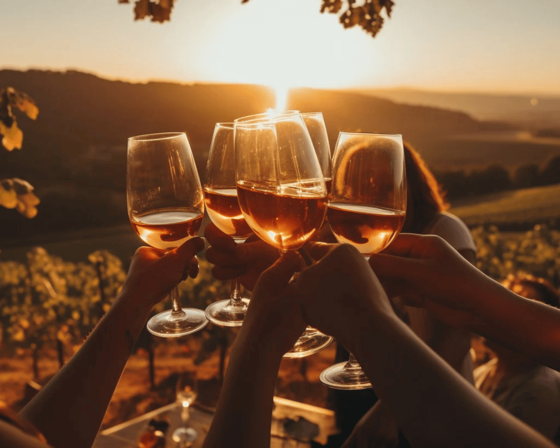 Friends toasting glasses of orange wine at sunset in a vineyard, celebrating skin contact wine with stunning fall views