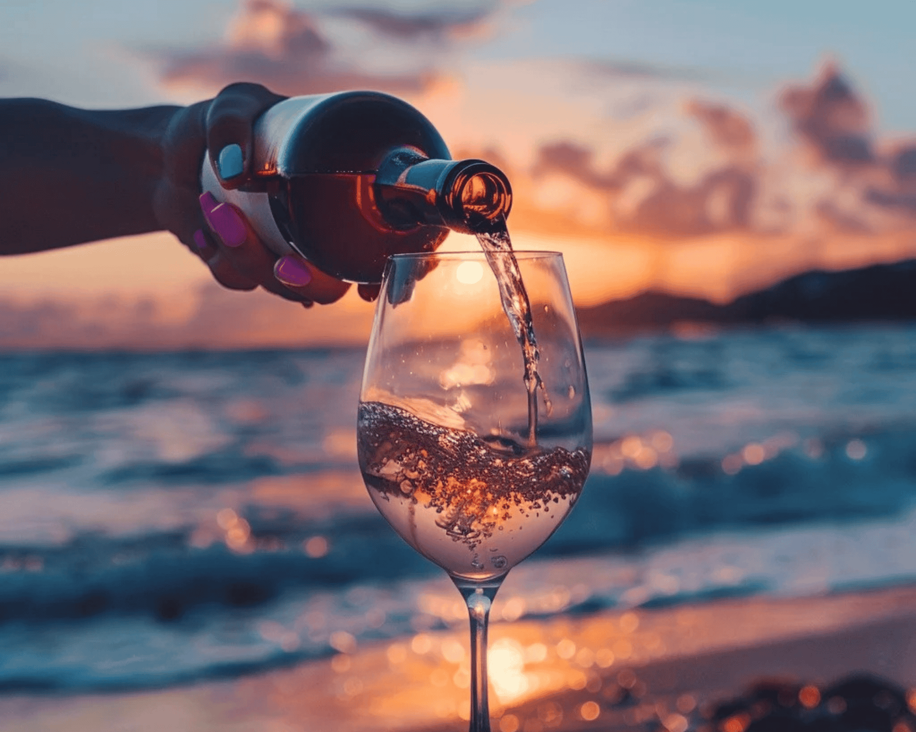 Pouring wine at the beach during a winter sunset, blending warm wines with coastal serenity